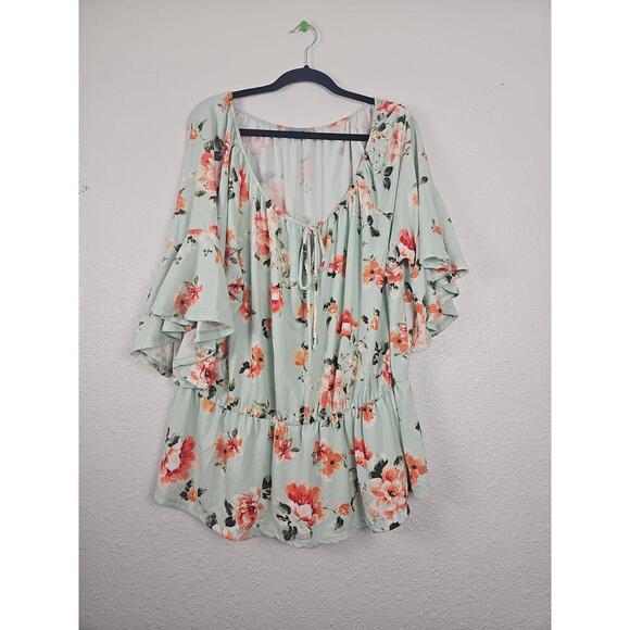 White Birch  Light Green Floral Bell Sleeve Peasant Top 3X Womens - Picture 1 of 6